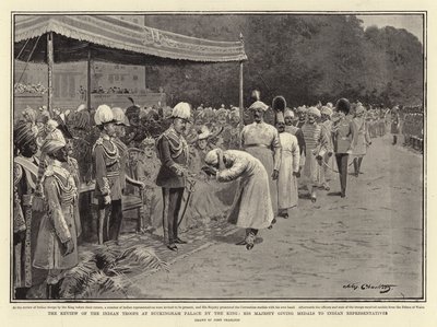 La revue des troupes indiennes au palais de Buckingham par le roi, Sa Majesté remettant des médailles aux représentants indiens - John Charlton